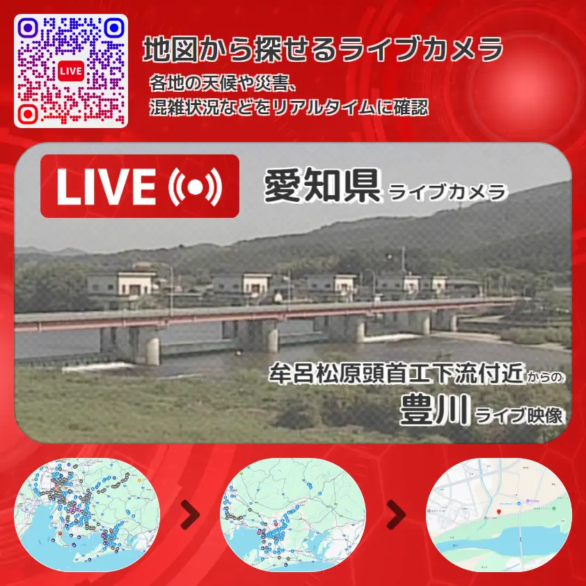 愛知県 「豊川」ライブ映像(牟呂松原頭首工下流付近 設置カメラ) ライブカメラ 監視カメラ