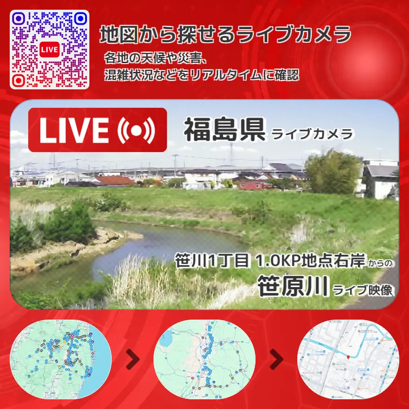 福島県 「笹原川」ライブ映像(笹川1丁目 1.0KP地点右岸 設置カメラ) ライブカメラ 監視カメラ