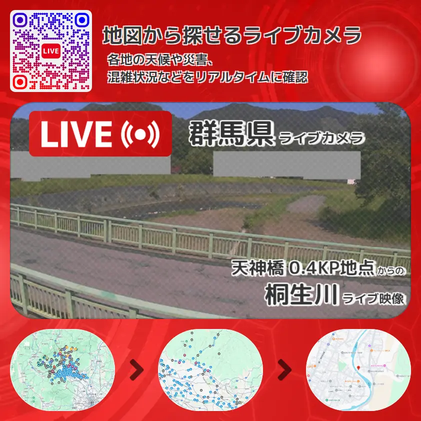 群馬県 「桐生川」ライブ映像(天神橋 0.4KP地点 設置カメラ) ライブカメラ 監視カメラ