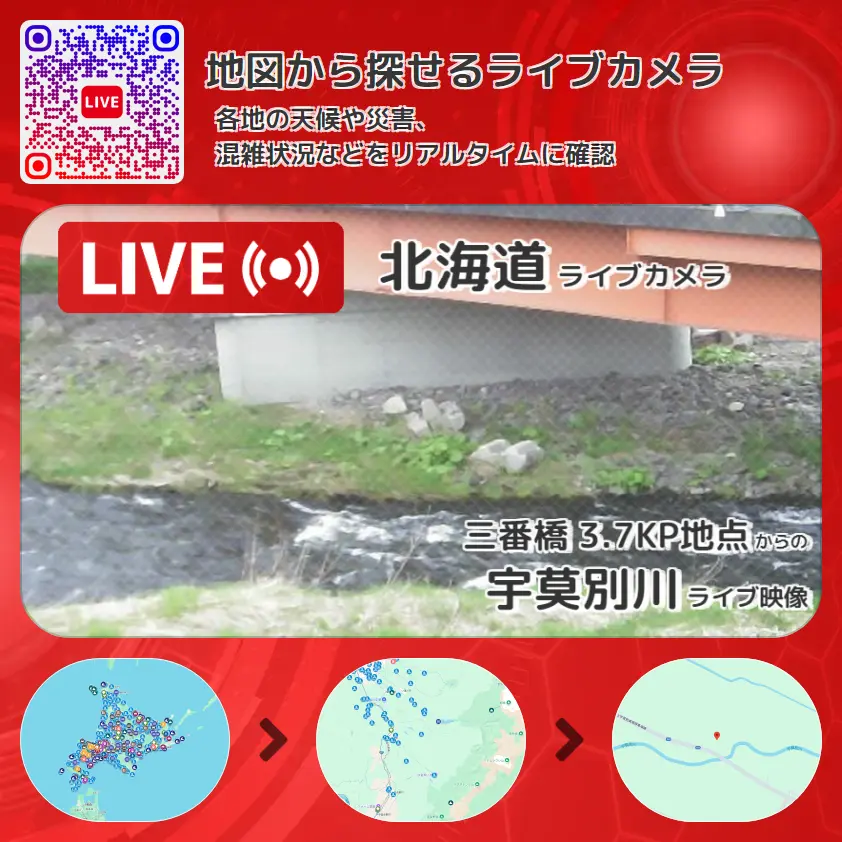 北海道 「宇莫別川」ライブ映像(三番橋 3.7KP地点 設置カメラ) ライブカメラ 監視カメラ