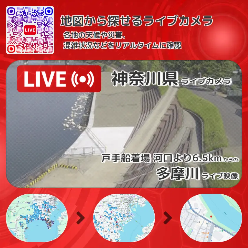 神奈川県 「多摩川」ライブ映像(戸手船着場 河口より6.5km 設置カメラ) ライブカメラ 監視カメラ