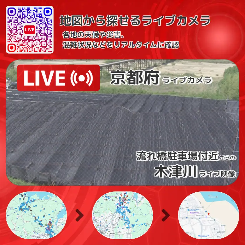 京都府 「木津川」ライブ映像(流れ橋駐車場付近 設置カメラ) ライブカメラ 監視カメラ