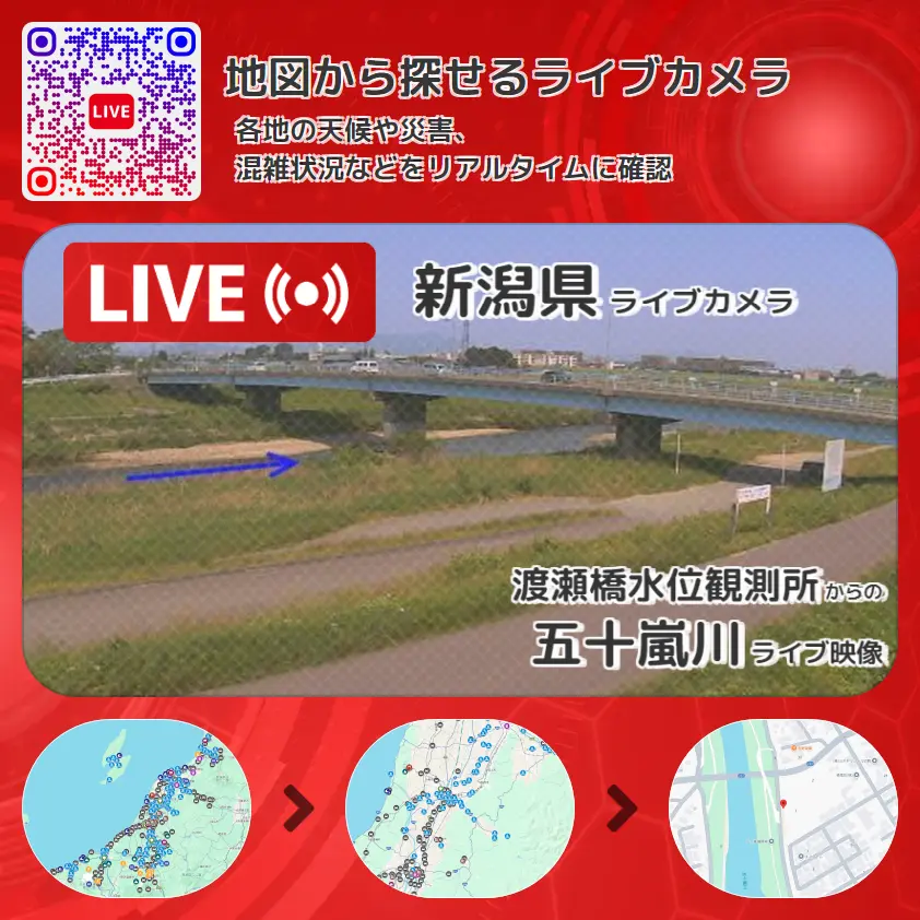 新潟県 「五十嵐川」ライブ映像(渡瀬橋水位観測所 設置カメラ) ライブカメラ 監視カメラ