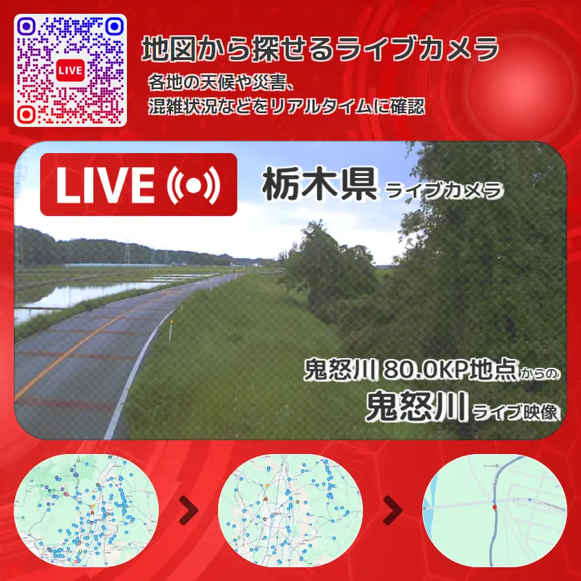 栃木県 「鬼怒川」ライブ映像(鬼怒川 80.0KP地点 設置カメラ) ライブカメラ 監視カメラ