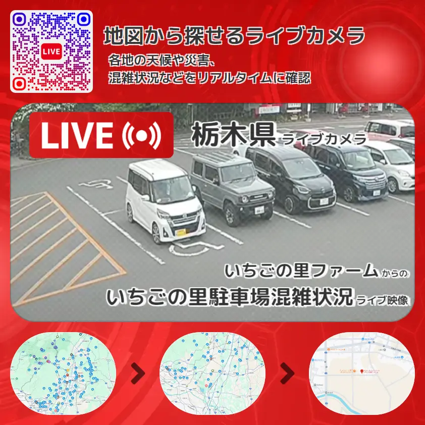 栃木県 「いちごの里駐車場混雑状況」ライブ映像（いちごの里ファーム 設置カメラ） ライブカメラ 監視カメラ