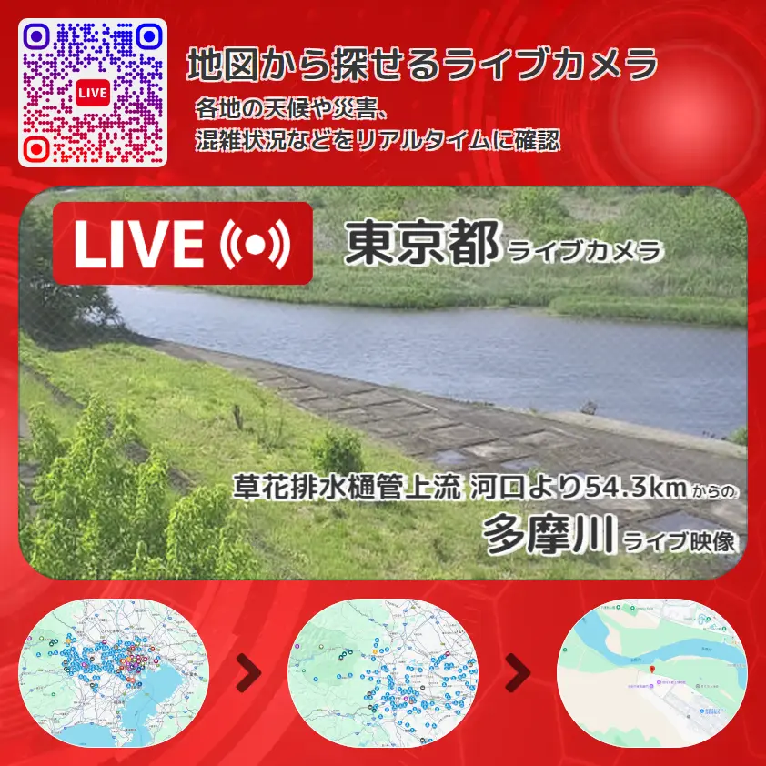 東京都 「多摩川」ライブ映像(草花排水樋管上流 河口より54.3km 設置カメラ) ライブカメラ 監視カメラ